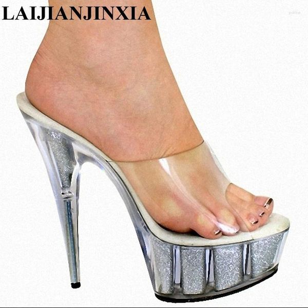 Hausschuhe Laijianjinxia Glitter Clear 15 cm High Heels Frauen Outdoor -Objektträger Damen PVC obere offene Zi -Schuhe benutzerdefinierte Farben