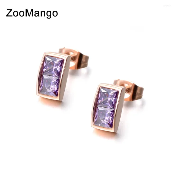 Orecchini per borchie zoomango zirconia cubica leggera gioielli in acciaio inossidabile in cristallo bianco viola per donne rinestone cz ze18044