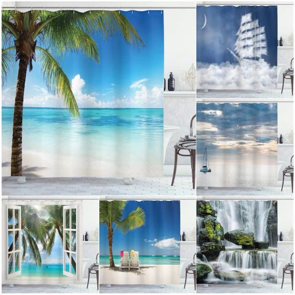 Cortinas à beira -mar Cortina de chuveiro do oceano Verão praia Palmeira de água Havaí cortinas de decoração de banheiro de tecido para havaí com ganchos azul verde