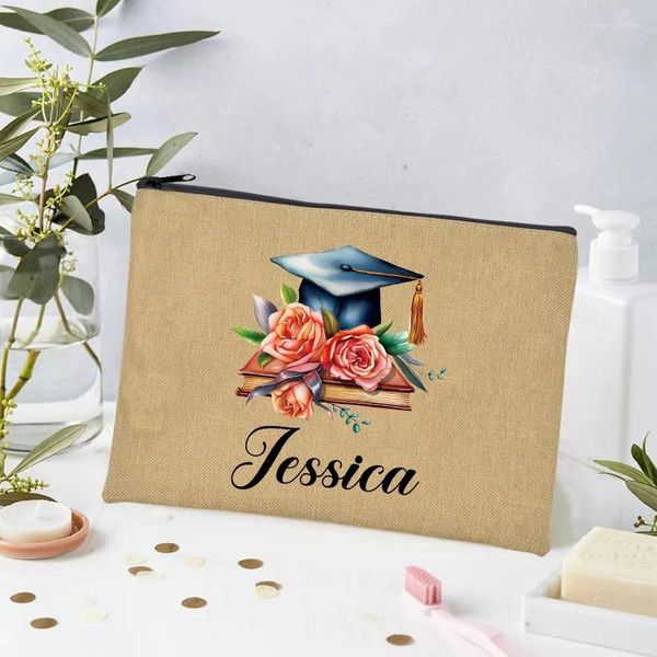 Aufbewahrungstaschen Customized Student Gifts Make -up -Tasche an Klassenkameraden Bachelor Cap Drucken großer Kapazität Öko -Leinenkosmetikorganisator Handtaschen Handtaschen