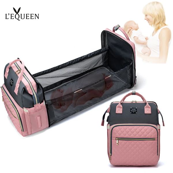 Taschen Lequeen USB Mutterschaft Rucksack Bettbag Modes wasserdichtes Wickelbeutel mit Baby Lätzchen große Kapazität Mama Rucksack für Kinderwagen