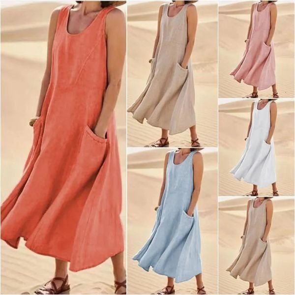 Vestidos longos de linho de algodão vintage para mulheres verão colorido sólido sem mangas boho maxi vestido bolso de bolso solto plus size 5xl 240419