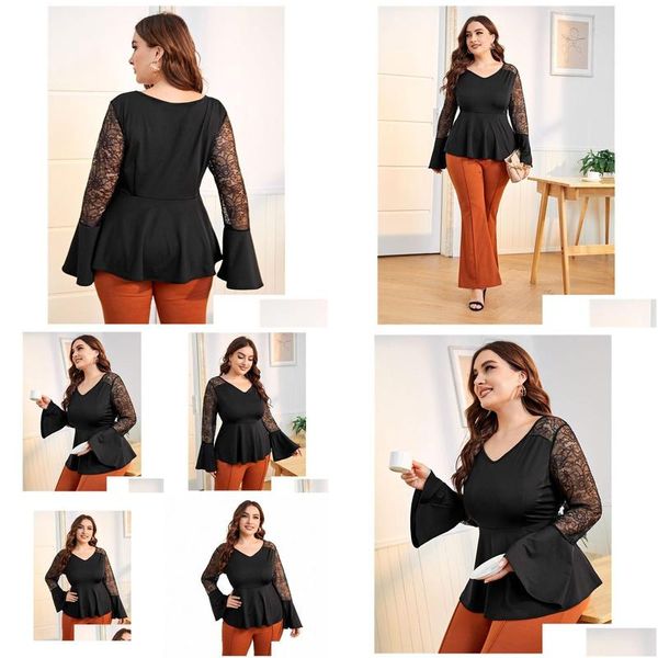 T-shirt plus size femminile elegante fI peplo blusa women lg manica a campana in pizzo patchwork work work uffice top grande 6xl 7xl i8aw drop dhtnd