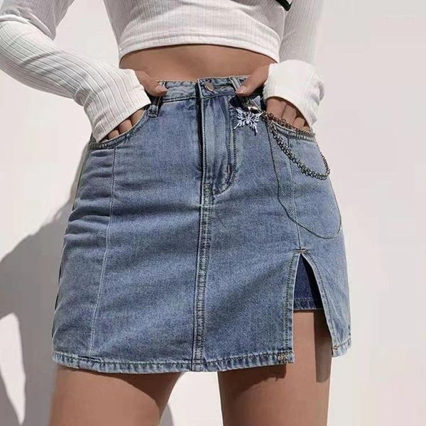 Etekler Kadın Yaz Yüksek Bel Seksi Yan Bölünmüş Denim Mini Etek İç Şortlu Basit Düz Renk A-Satır Astarlanmış Paket Kalça