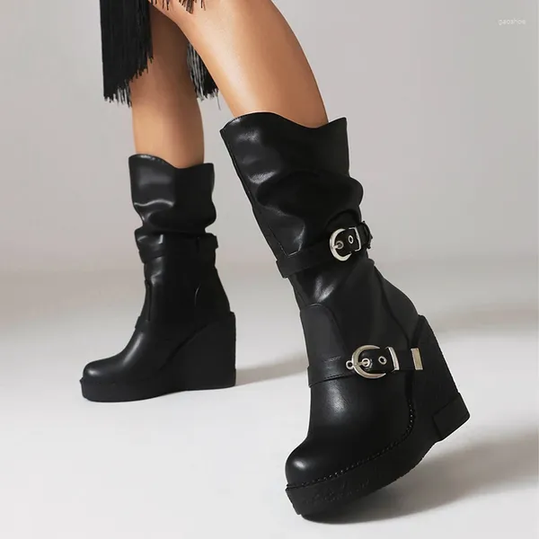 Stiefel Marke Design großer Größe 44 Schuh Punk Falten Motorräder Gürtelschnalel Plattform Keile High Heels Knie Frauen Schuhe