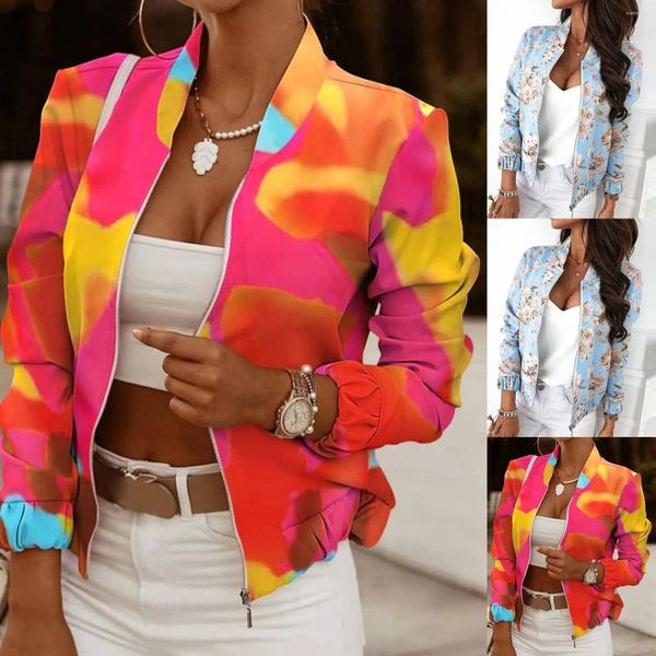 Vestidos de trabalho Casaco branco longo para mulheres outono manga de manga do pescoço FLOR FLOR FLOR ZIP UP BLAZERS TERNO CANTAGEM SLIM FIT CARDIGAN