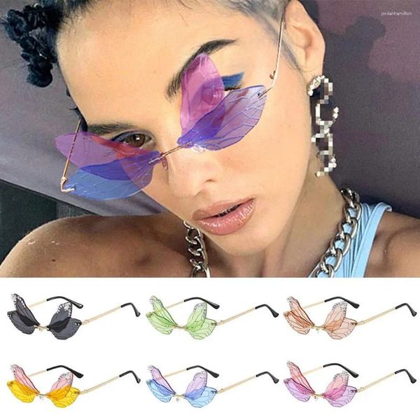 Outdoor Eyewear Dragonfly Flügel Sonnenbrille für Frauen randlose unregelmäßige trendige Bling Diamond Sonnenbrillen Fashion Party Halloween Kostüm