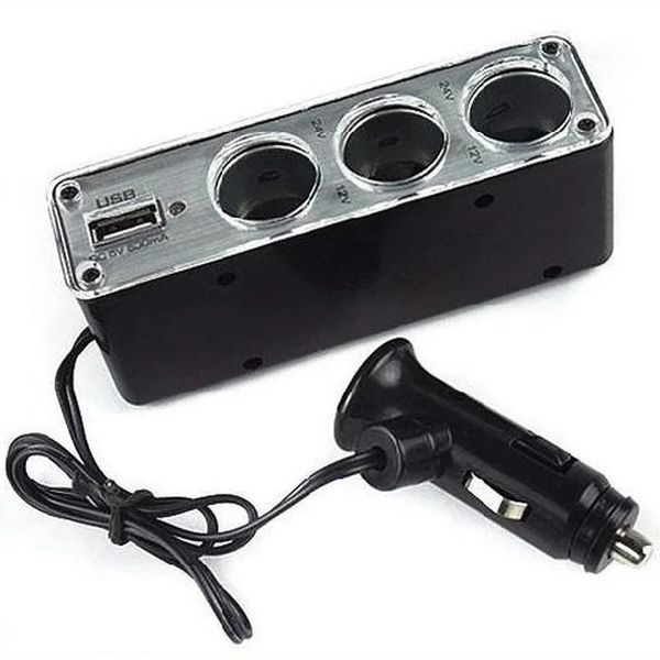 Universal 3 Ways Multi Socket Cigarette Cigarette Splitter Splitter USB Plug Charger DC 12V/24V Adaptador com porta USB