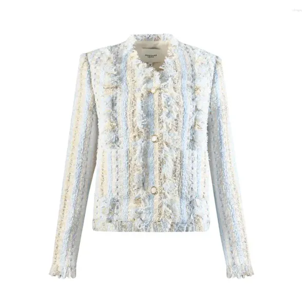 Jackets femininos Moda Spring Spring Tweed Blue White listrado jaqueta contrastante Slim Tassel Design Mulheres Casas Roupas 2024