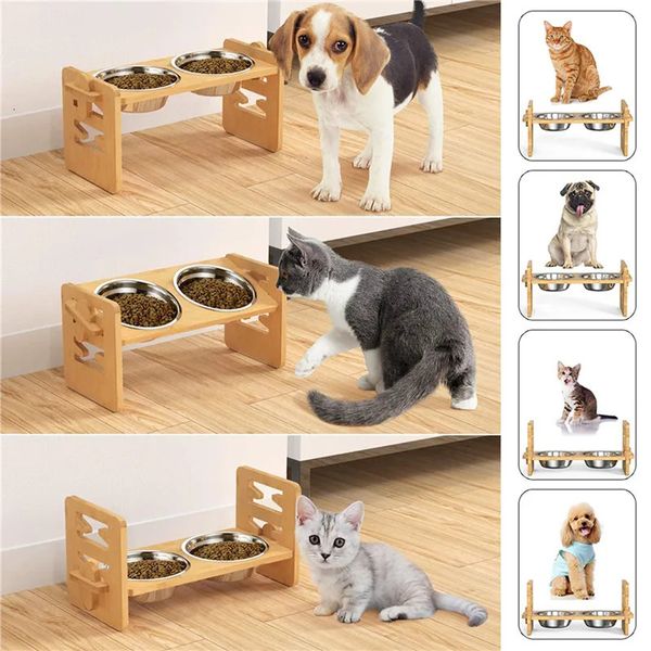 Tigelas de cães elevadas de bambu com suporte ajustável de cachorro de gato de gato tigelas de água titular de coelho alimentador de coelho para pequeno animal de estimação com 240407