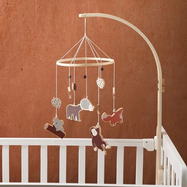 Baby Holzbett Bell Forest Tier Mobile Hanging Musik Rasseln Spielzeug 0-12 Monate Krippenhalter Armhalterung Geschenk 240418