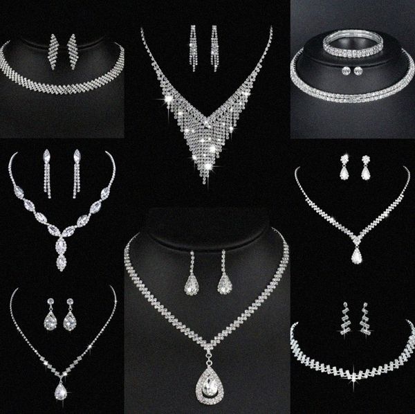 Valioso laboratório de jóias de diamante conjunto de colar de casamento de prata esterlina brincos para mulheres de jóias de noivado de noiva C1GJ#