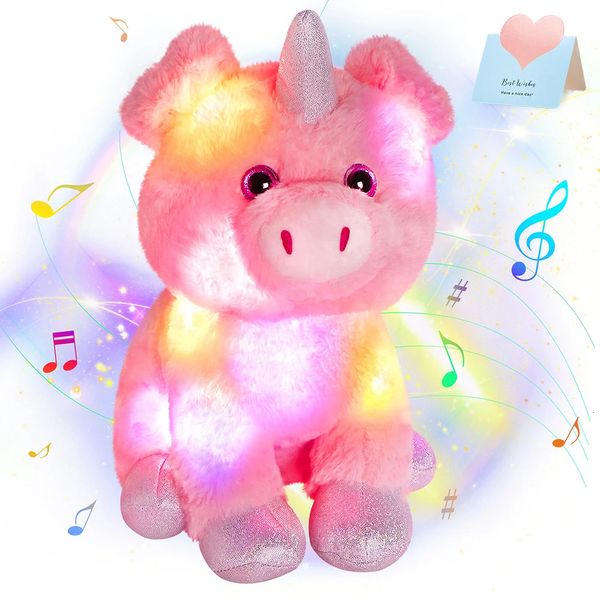 Toys da peluche di maiale rosa da 30 cm cuscinetto per animali ripieni di cuscinetti a led succondi musicali unicorno bambola decors compleanno cartunato regali di cartone animato giocattoli 240419