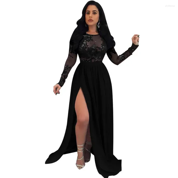 Lässige Kleider schwarze sexy sexy rückenfreie Pailletten durchsichtige Spitze bodenlangen Split-Kleid Lange für Frauen Hochzeit