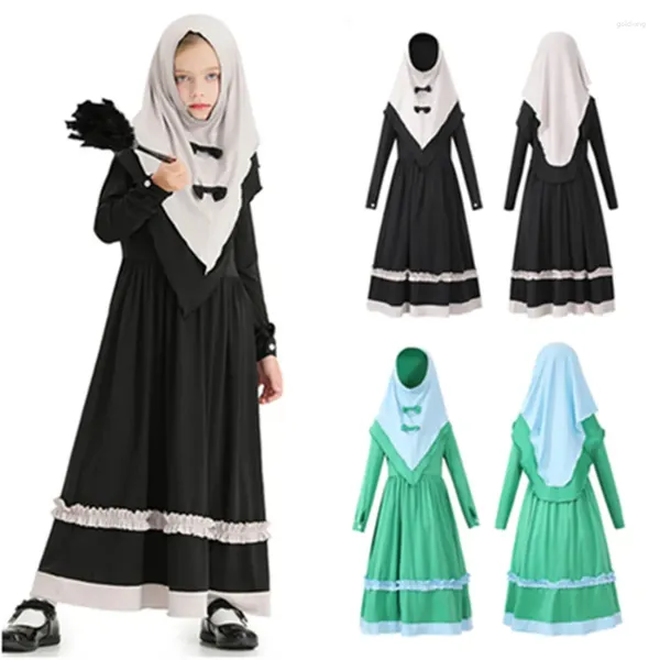 Ethnische Kleidung Mädchen Schwarze Abaya Hijab Kleid Kids Islamische Sets Langarm Khimar Kaftan Türkei Dubai Ramadan Gebetskleidung 2 Stück Set