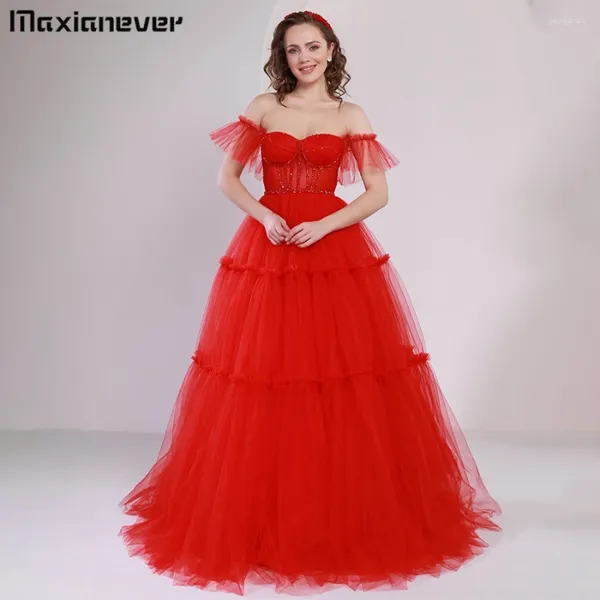 Vestidos de festa MaxianEver Backless Off the ombro Tulle Vestido formal de noite A-line Lace vestido de noiva Prom Vestidos maxi