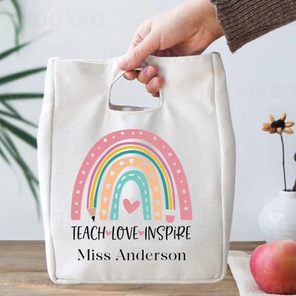 Taschen Personalisierte Regenbogenkühler Lunchbeutel benutzerdefinierte Name Isolierter thermischer Bento Totes School Picknick Lebensmittel Aufbewahrungsbeutel Lehrer Geschenke