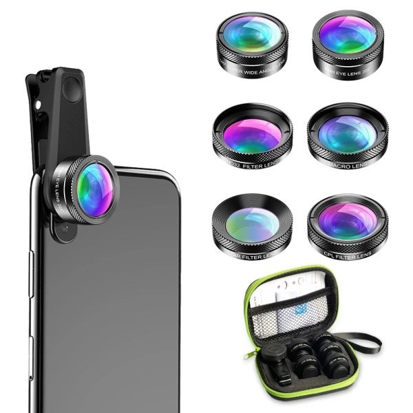 Heizung Apexel HD Mobiltelefon Kamera -Objektiv 6 in 1 Cpl/Sternfilter Objektiv Weitwinkel -Makrolinse für Smartphone Fisch Eye Fointe Para Celular Celular
