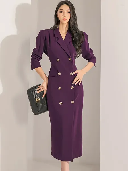 Vestidos casuais 2024 Purple Double Double Basted Dress Dress Longo Dress Autumn Winter Sleeve Bodycon PROMPRESS CLIMENTE COREIRA FASHIOON CHIC