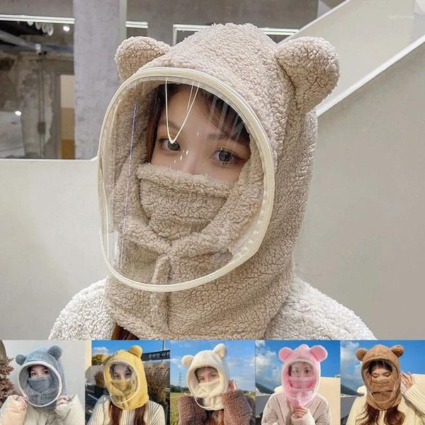 Boinas fofas de proteção contra o ouvido de urso com máscara de máscara de inverno quente espessado eólico outono ao ar livre para mulheres menina 2024