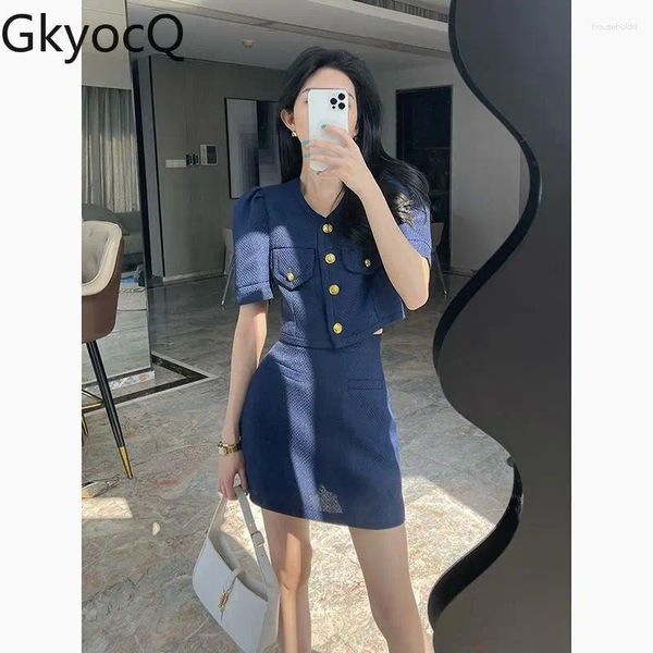 Arbeitskleider Gkyocq Koreanische Chic Frauen zweiteilige Sets Outfit Navy O Hals Puffarm Kurzjacke High Taille Eine Linie Minirock weiblich