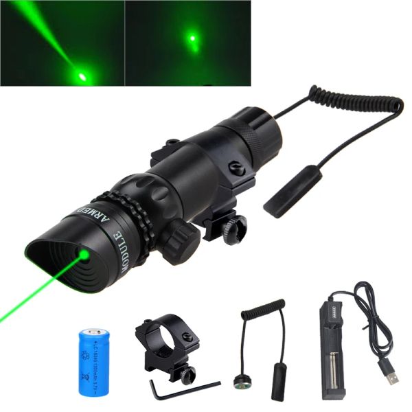 Escopos poderosos 532nm Green Laser Sight Sight Hunting Emissor+20mm/11mm Rail anel qd Montagem do escopo do barril+W/interruptor remoto+16340by+carregador