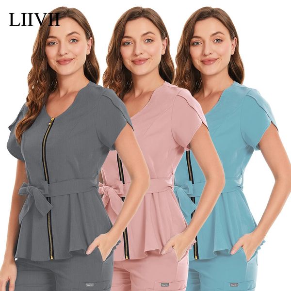 Shincing Beauty Beauty Salon Abbigliamento Temperamento Womens Top Nursing Bluse Sexy Zip Scrub Tops Tshirt 2 Pocket 240418