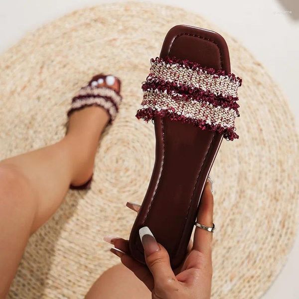 Hausschuhe 2024 Style Lady Weave Schuh lässig Frauen Patchwork Slides Slides Famale's Quaste Simple Girl's Oxroom Sandalen