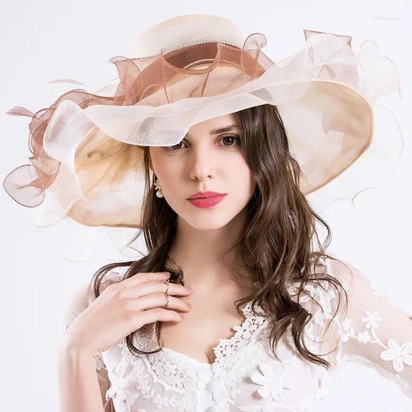 Cappelli larghi brim Flower Fashion Gauze Hat Women 2024 Big Sun Trendy Bocket Lady Floral Fedoras Fedoras Caps Girls Berets