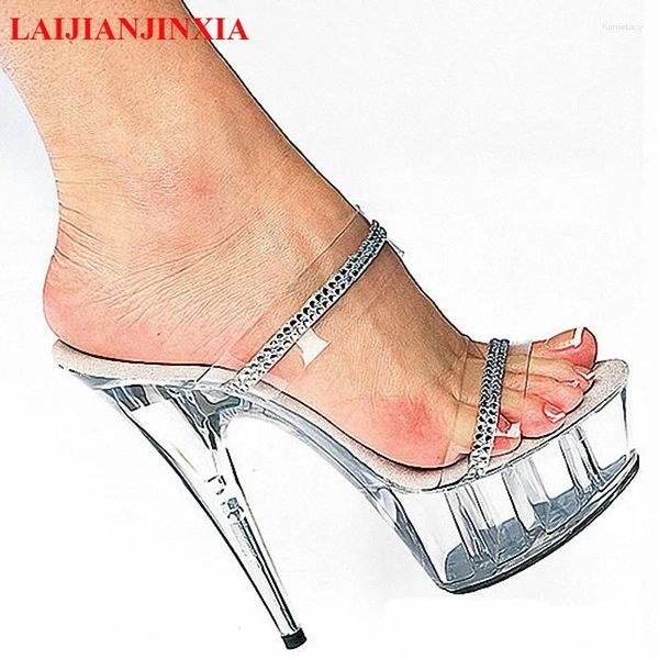 Terlik laijianjinxia şeffaf net pvc kadınlar açık ayak parmağı perspeks yüksek topuklu 15 cm platform ayakkabıları yaz slaytları