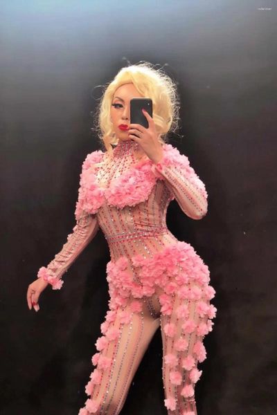 Abbigliamento da palcoscenico sexy fiore rosa cristalli in costume turista da sera monopezzo celebra il cantante per feste per esibizioni abiti DJ