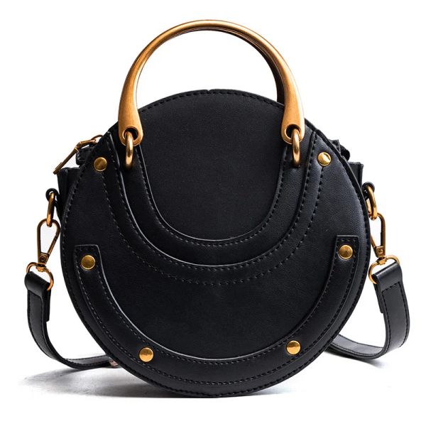 Bolsas novas chegadas PU CEARO MULHERES HANDAFAGEM REDONHA MOTAL METAL RING feminino Sm Pequen Smags Scrub Circular Ladies Crossbody Bag