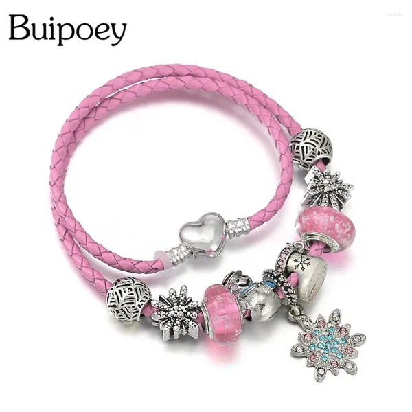 Charm Bracelets Buipoey Pink Weihnachtsleder für Frauen Männer Schneeflocken leuchtende Glas Perlen Schneestiefel Armband Jungen Mädchen Geschenke