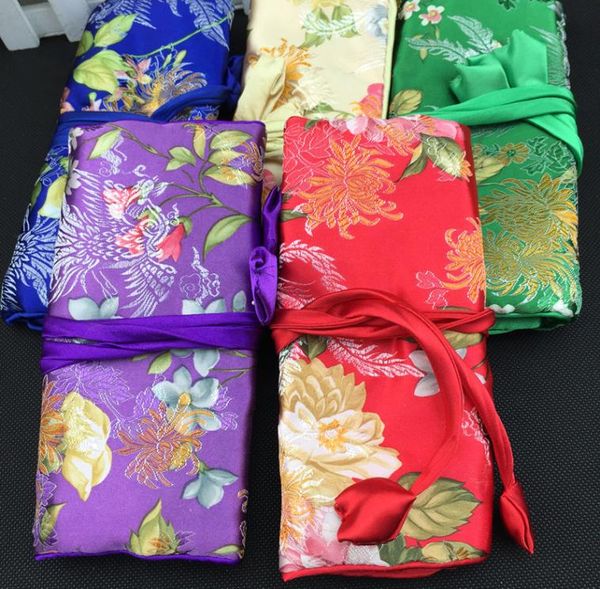 FLOR FLOR Chinese Silk Brocade Jóias Cosméticas Viagem Roll Up Bag 3 Zipper bolsa de cordão de cordão