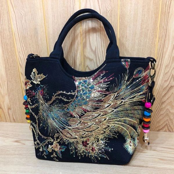 Kovalar Parlak Pullar Tavuskuşu İşlemeli Çanta Kılıfları Kadınlar Tuval Crossbody Bag Ladies Vintage Boncuk Alışveriş Omuz Çantası