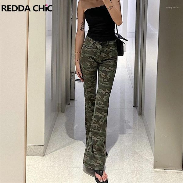 Jeans femminile femminile rossachic flare camuffato stampa pantaloni bootcut grunge street elegante acubi di moda ladies pantaloni abiti retrò