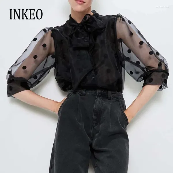 Blouses feminina Blusa de bolinhas de bolinhas com arco preto chegada organza camisa feminina semi-sheer de três quartos de manga INKEO YT732