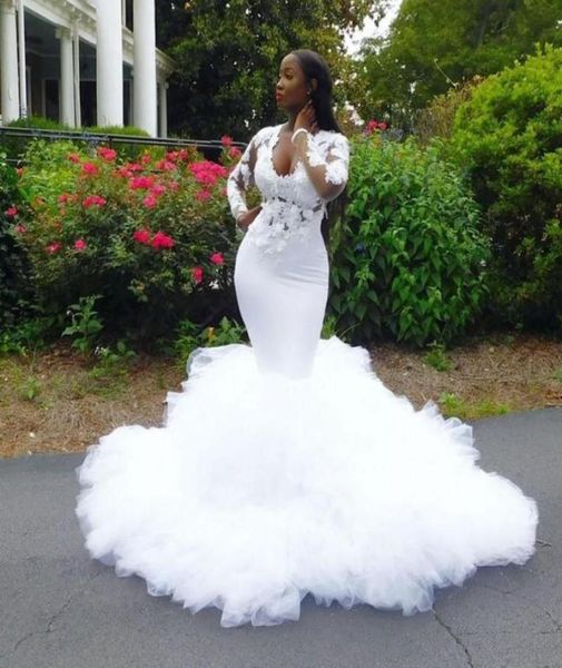 Afrikanische Meerjungfrau Brautkleider Rüschen 3D -Spitzen -Applikationen Plus Größe Hochzeitskleid Illusion Langarmes Brautkleider Vestidos de N5954346