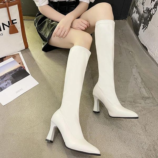 Boots Women 2024 Celebrity Fashion Fashion All-Matching punta di strass di punta sotto il tallone alto ginocchio cavalcano
