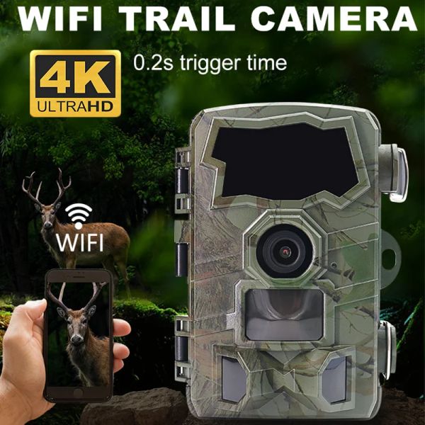 Câmera de caça à vida selvagem de câmeras 4K WIFI controle remoto Bluetooth Trail Camera 0.2s gatilhos rápidos Visão noturna Monitor de segurança ao ar livre