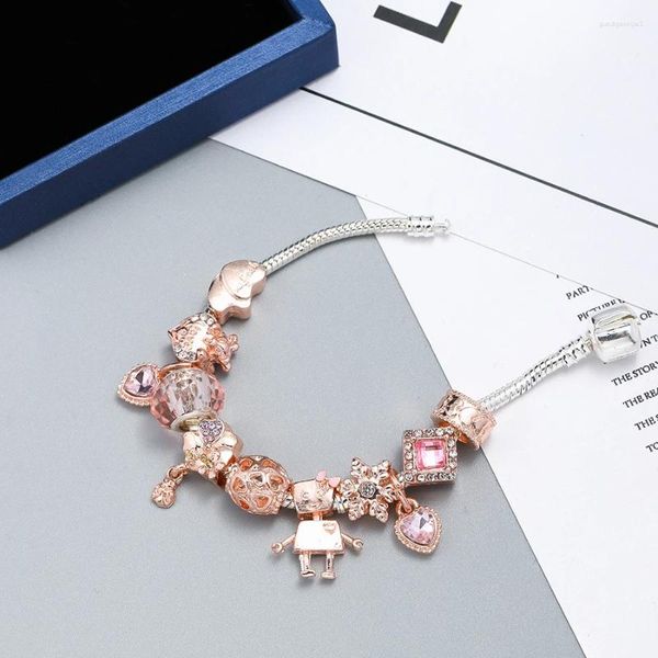 Bracelets de charme Dinglly rosa ouro rosa Cristal Heart For Women Girl Original Fada brilhante Fada de fada Jóias de pulseira fina