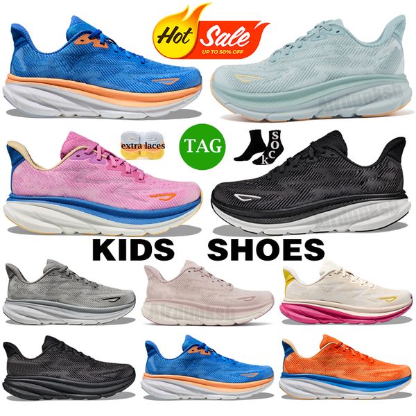 Büyük Çocuk Ayakkabıları Clifton 9 Kız Erkekler Çalışma Ayakkabı Toddler Basketbol Spor Kabalık Eğitmenleri Bir Ücretsiz İnsan Tasarımcısı Gençlik Runner Nefes Alabilir Siyah Beyaz Boyut 28-37