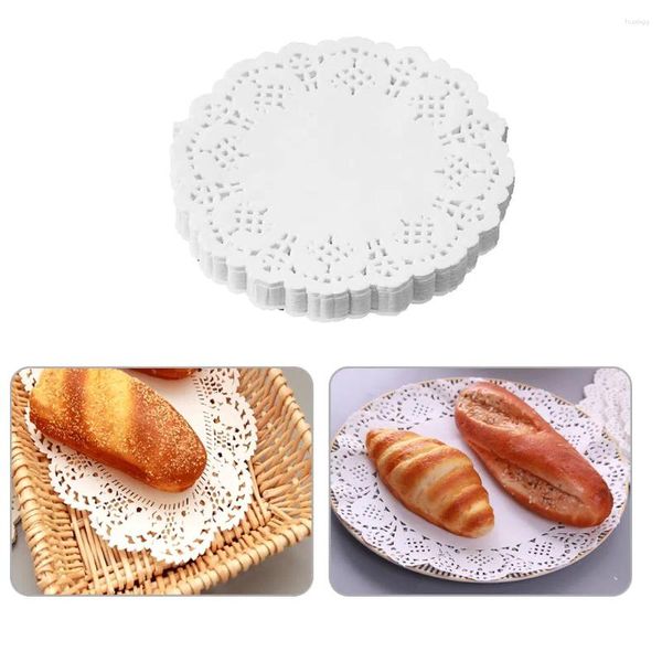 Tischmatten 150pcs Partys Hochzeits Bankett Kuchen Dessert für gebratene Spitzenrand Rundmatte Papier Brot Home Placemat Sicherheit umweltfreundlich