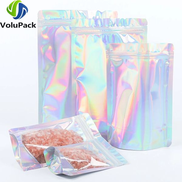 Çantalar 100 PCS Koku Koşulu Plastik Paket Ziplock Torbalar Temiz Ön Holografik Gümüş Çantalar Geri Dönüştürülebilir Metalik Mylar Depolama Çantaları