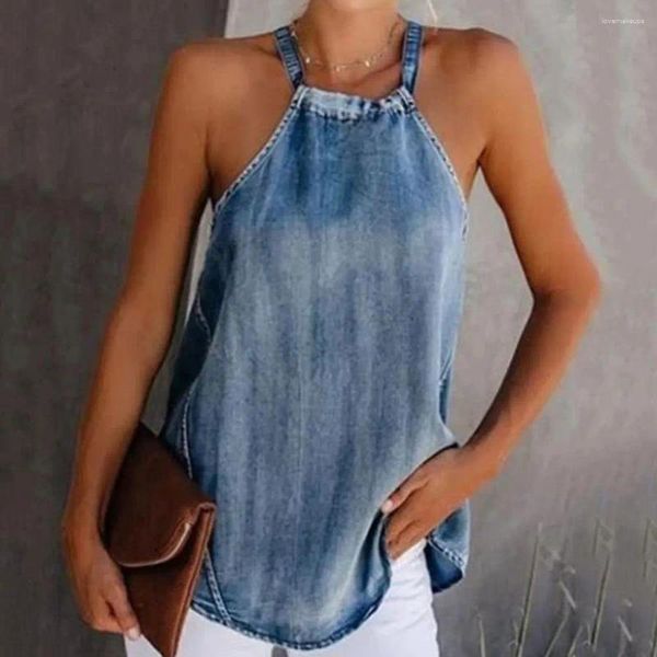 Camicette da donna Summer Women Halter Tank Top Sleeveless Denim Casual CASS O MACK CINGHETTI SPAGCHI