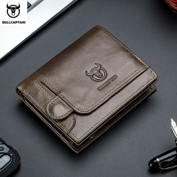 Clips Bullcaptain RFID bloqueando a carteira masculina Man Vintage Cow Carteira de couro genuíno Male machado Billfold moeda de moeda Carteira curta