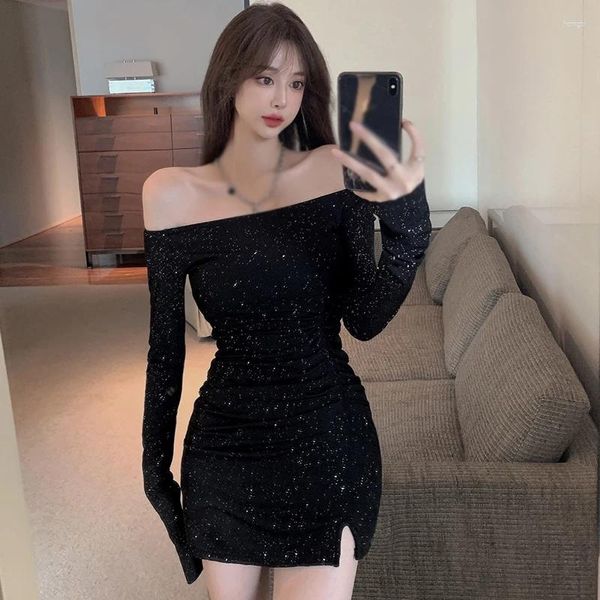 Lässige Kleider y2k Slim Mini Bodycon Kleid sexy aus Schulter koreanischer modischer schwarzer langhärmerischer Splash Hals Vestidos