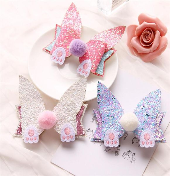 15pcslot Paskalya Tavşanı Kulak Çocuklar Saçpin Sevimli Top Headdress Çocuk Saç Klipli Glitter Bowknot Tavşan Kulak Tarzı Saç Barrette7185092