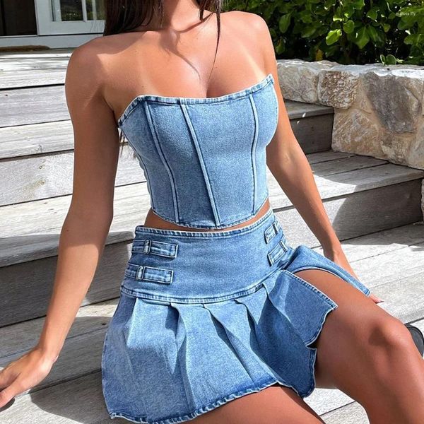 Vestidos de trabalho Bustier Bustier Blue Denim 2 Peça Salia Crop Crop Top e Split Women 2024 Moda Jean Dress Setfits Roupfits Streetwear