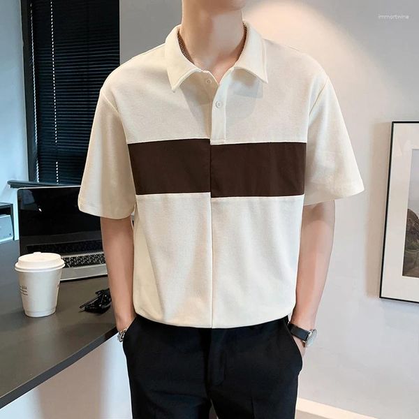 Мужские Polos 2024 Бизнес-повседневная модная лоскутная футболка контрастные цвета летняя одежда с коротким рукавом поло